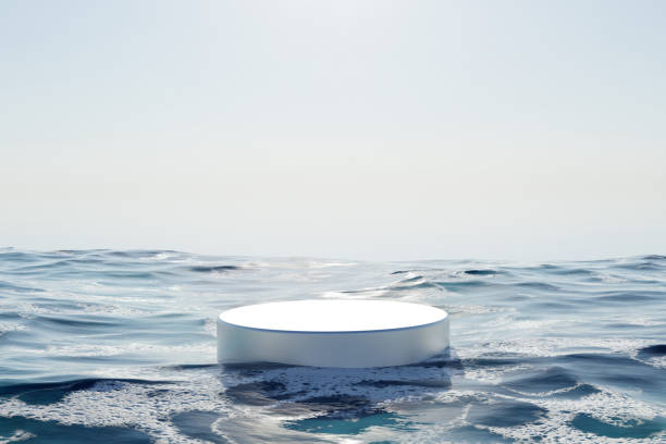 istock 3d render platform background, Silver podium on the sea with clear sky in summer for product stand display advertising cosmetic, beauty products, skincare or etc with empty round stage 1470256094