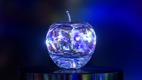 Abstract concept. Liquid mirror transparent substance takes the form of an apple. Blue neon color. High quality 3d illustration