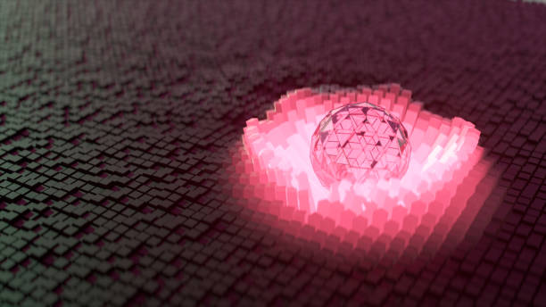 istock A crystal pink neon sphere rolls on a dynamic surface made up of small magnetic squares. Waves. Drawing on the sphere 1470256546