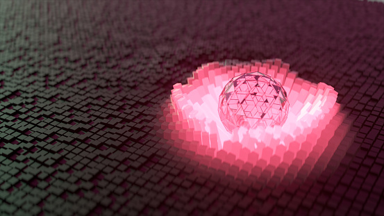 A crystal pink neon sphere rolls on a dynamic surface made up of small magnetic squares. Waves. Drawing on the sphere. High quality 3d illustration