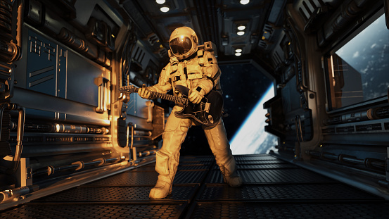 An astronaut in full spacesuit tethered to unseen craft on spacewalk above Earth with moon visible in the background. Astronaut is 3D render with following images used from NASA:\nhttps://www.nasa.gov/sites/default/files/thumbnails/image/iss063e076166.jpg\nhttps://www.nasa.gov/sites/default/files/thumbnails/image/25864937890_ae40c4ca8c_o.jpg