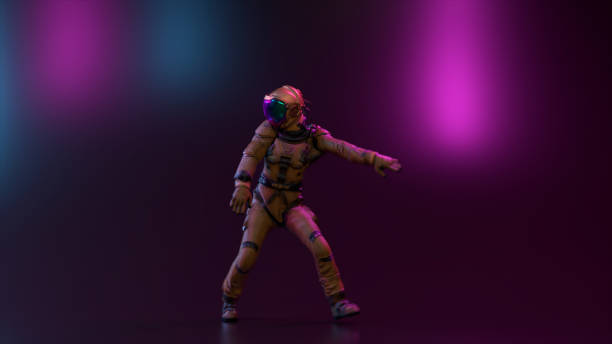 istock Disco party for an astronaut. Space suit. neon light. Modern dances. Large mirror helmet. 3d illustration 1470256795
