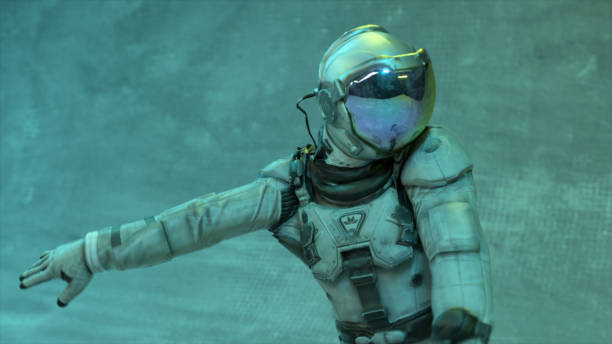 istock Dancing astronaut with a large round helmet on his head. Green blue neon light blinking. Concrete wall in the background 1470256811
