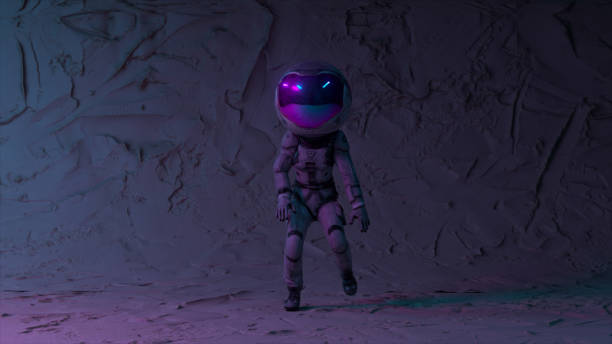 un astronaute cyberpunk dans un grand casque rond danse sur fond de discothèque. néon. clignotant. gros plan - giant robot flash photos et images de collection