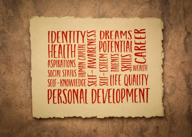 personal development word cloud on an art paper, self improvement concept