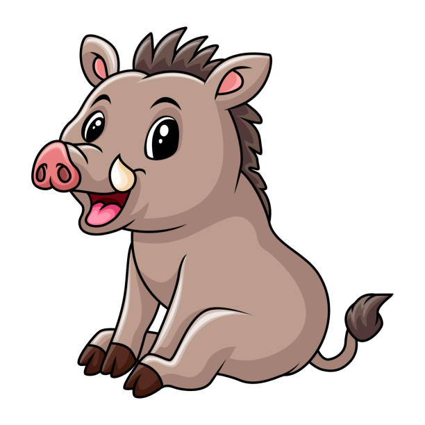 süßes kleines wildschwein cartoon sitzend - warzenschwein stock-grafiken, -clipart, -cartoons und -symbole