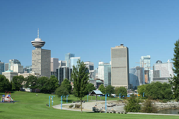 Modern City Skyline Vancouver's urban core with a park in the foreground. east vancouver stock pictures, royalty-free photos & images