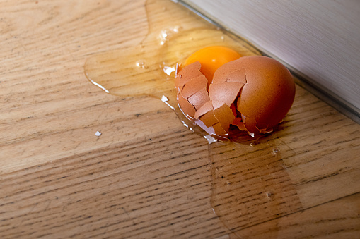 A broken egg on the kitchen floor. Failure, error.