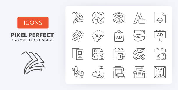 printing line icons 256 x 256 Printing industry thin line icon set. Outline symbol collection. Editable vector stroke. 256x256 Pixel Perfect scalable to 128px, 64px... digital printing house stock illustrations