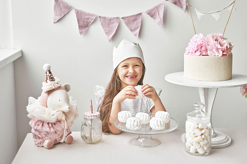 Happy birthday girl. Candy bar. Party decor and decorations. Cake and sweets.