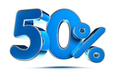 Sky blue 50 Percent 3d illustration Sign on White Background, Special Offer 50% Discount Tag, Sale Up to 50 Percent Off,share 50 percent,50% off storewide.With clipping path.