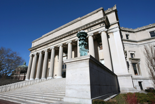 A close up wide angle shot of the interesting library of Columbia University.