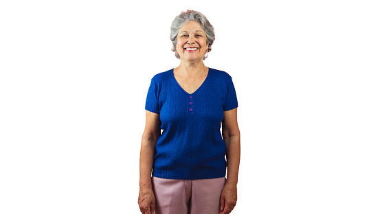 Portrait of senior woman smiling with her arms crossed against white background. happy mature female with shot curly hair looking at camera.