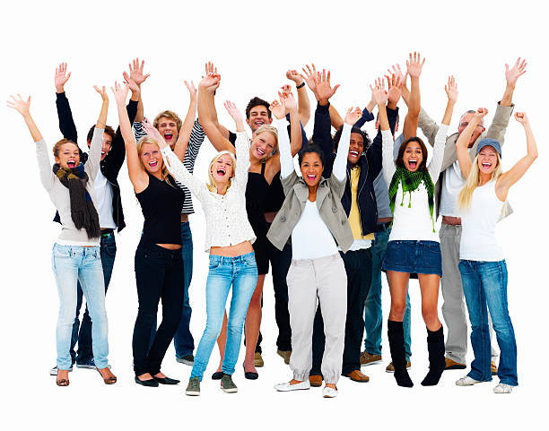 istock Group of friends with arms raised 147026425
