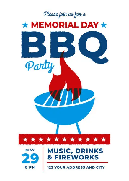 Vector illustration of Memorial Day BBQ Party Invitation Template.