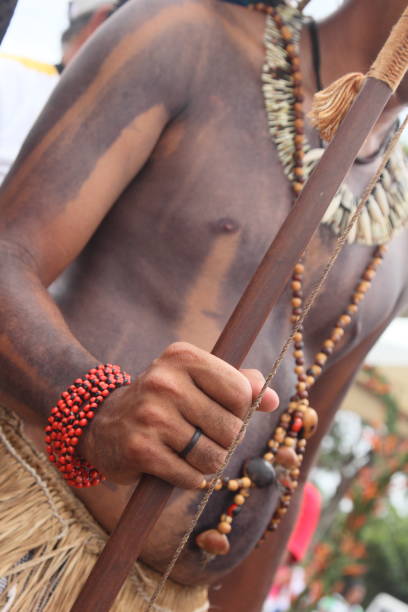 details of the traditional costumes, tools and body paint of the Potiguara Indians during the Brazilian Native National Day held every April in the Baia da Traiçao indigenous reserve, Paraiba state, northeastern Brazil