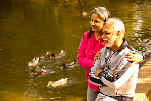 Senior couple admiring nature while relaxing at lakeshore