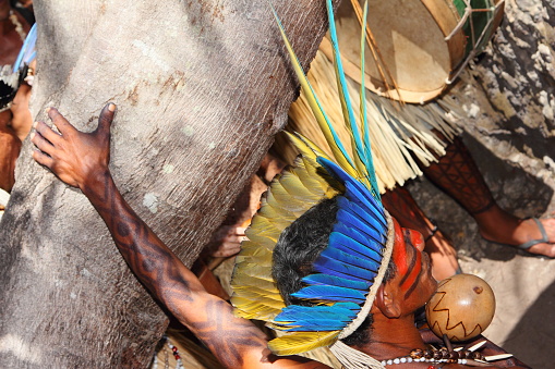 details of the traditional costumes, tools and body paint of the Potiguara Indians during the Brazilian Native National Day held every April in the Baia da Traiçao indigenous reserve, Paraiba state, northeastern Brazil