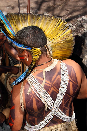 details of the traditional costumes, tools and body paint of the Potiguara Indians during the Brazilian Native National Day held every April in the Baia da Traiçao indigenous reserve, Paraiba state, northeastern Brazil