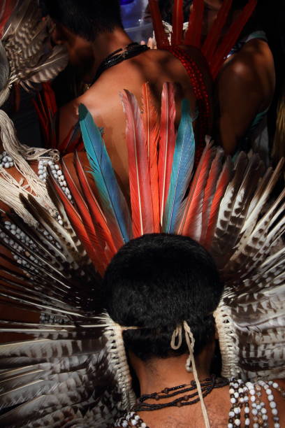 details of the traditional costumes, tools and body paint of the Potiguara Indians during the Brazilian Native National Day held every April in the Baia da Traiçao indigenous reserve, Paraiba state, northeastern Brazil