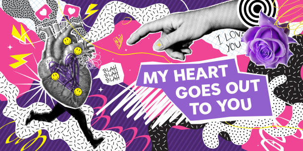 Halftone collage in contemporary punk grunge style. Modern vector poster with dotted elements - hand and heart, brush strokes. Concept of relationship, love, romance, valentine day. vector art illustration