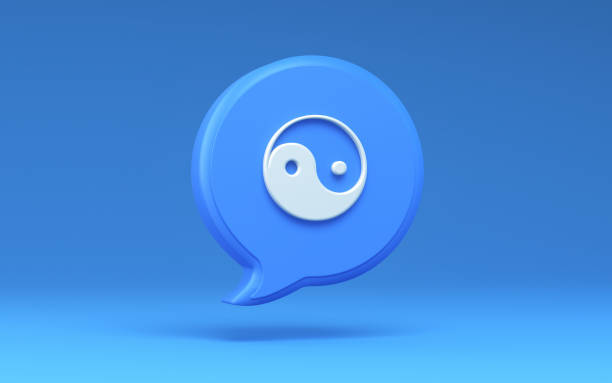 3D Render Yin Yang Icon on Blue Background, Speech Bubble, Harmony, Balance concepts, Clipping Path