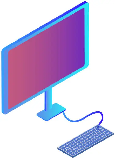 Vector illustration of Keyboard and computer desktop with empty display. Workplace equipment with hardware devices