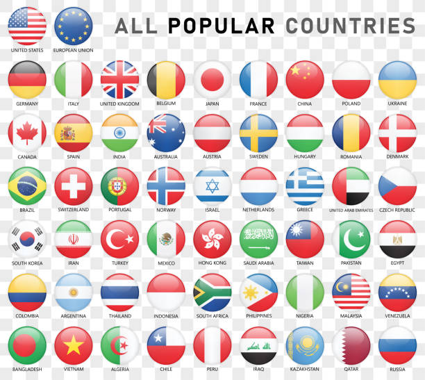 illustrazioni stock, clip art, cartoni animati e icone di tendenza di tutti i paesi popolari su sfondo trasparente - set di 56 icone di bandiere lucide - all european flags