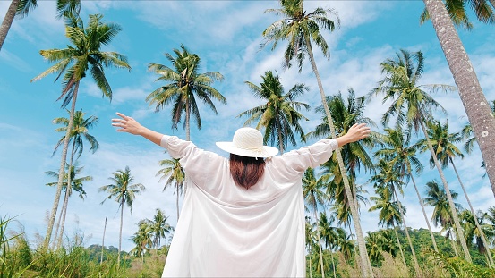 Back view of women in a straw hat standing and raising hands breathe fresh air in the coconut garden, Feeling free, Travel on holiday or summer vacation