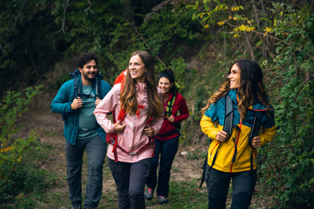 istock Four friends hiking in mountain together 1470272107