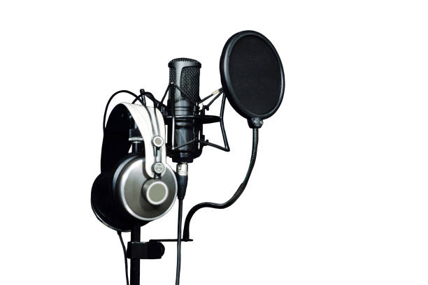 Microphone close - up on the background of a professional recording Studio, isolated on a white background. Workplace singers and musicians
