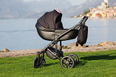 A modern black stroller on grass with lake background