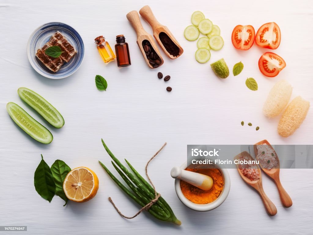 Natural Herbal Skin Care Products Top View Ingredients Cucumber Aloe Vera Honey Himalayan Salt And Tomato On Table Natural Face Moisturizer Facial Treatment Preparation Background Photo - Download Image