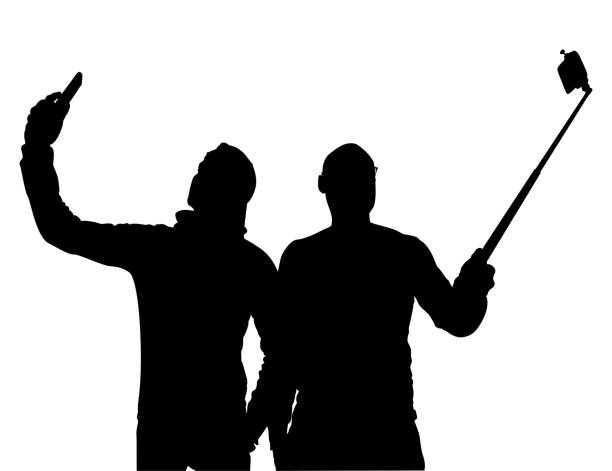 Selfie of two people in black silhouette. Vector illustration in HD very easy to make edits. good looking man looking up stock illustrations