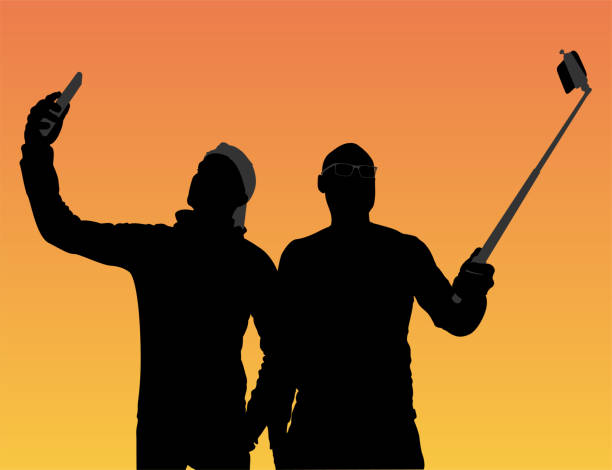 Selfie of two person in sunset. Vector illustration in HD very easy to make edits. good looking man looking up stock illustrations