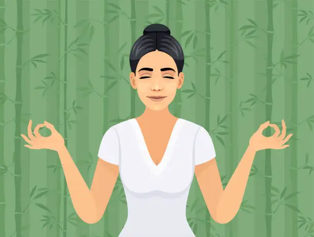 Vector illustration of Young female meditating. Concept of mindfulness and wellbeing. Taking break.