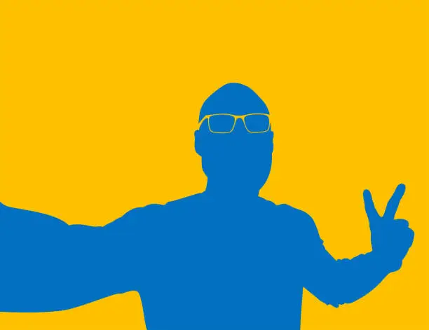 Vector illustration of Silhouette of a man taking a selfie in yellow and blue color.