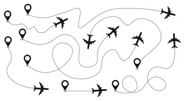 Vector illustration of Airplane path icon- Vector set of plane route icons with tracks and flight paths