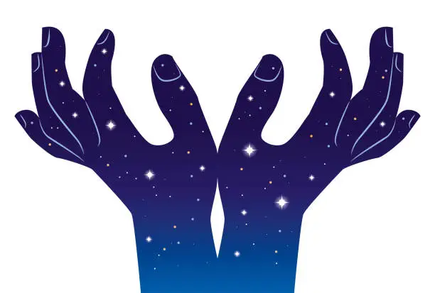 Vector illustration of Human Hands with Mystic Sky Dusk Star Space