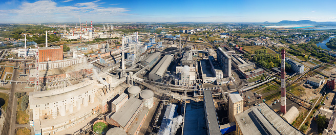 Sterlitamak, Republic of Bashkortostan, Russia - 08.14.2022: Chemical production: JSC Bashkir Soda Company, production workshops. Aerial view.