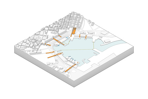 Isometric 3d seaport diagram. Computer generated design of a harbor with small waterway surrounded by construction.