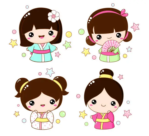 Vector illustration of Set of cute little girls in kawaii style. Hanami season collection of Japanese traditional toy kokeshi doll in kimono