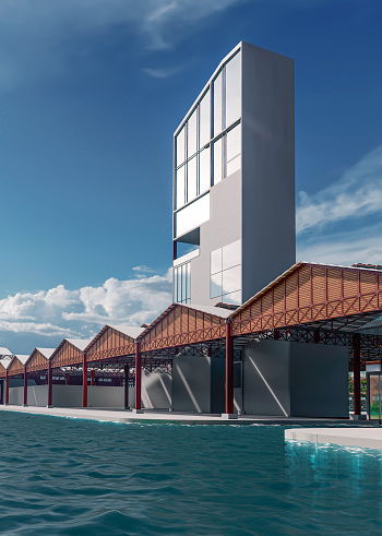 New tower design on the waterfront. 3d renders of new building design on the port.