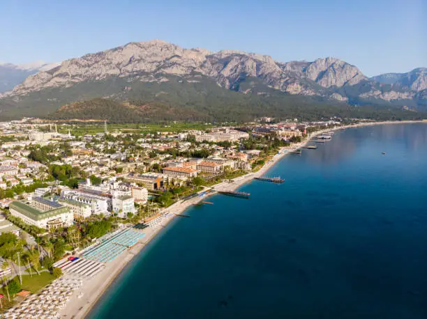 Photo of Drone view of Turkish seaside resort city of Kemer on Mediterranean coast