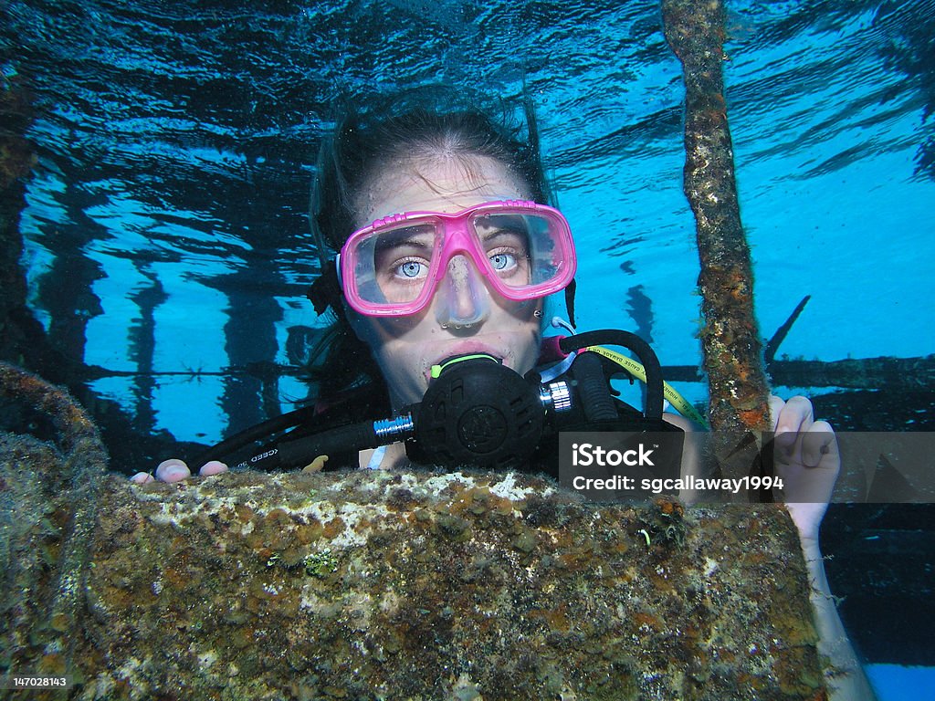 Young Woman diver on a shipwreck dive site A young lady diver deep underwater on a shipwreck dive site Adult Stock Photo