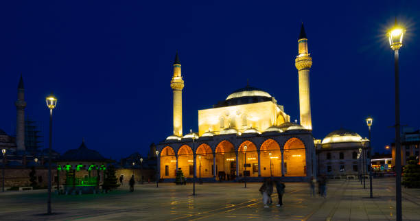 Impressive night view of lighted medieval Selimiye Mosque at Konya, south-central Turkey