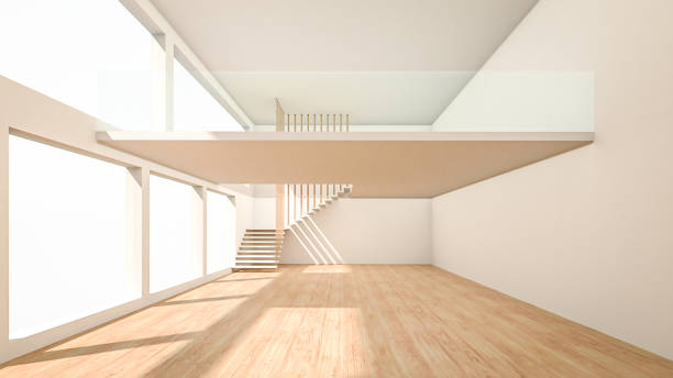 3d renders of a loft space empty room. Hardwood floor with sunlight shining into the room from large windows.