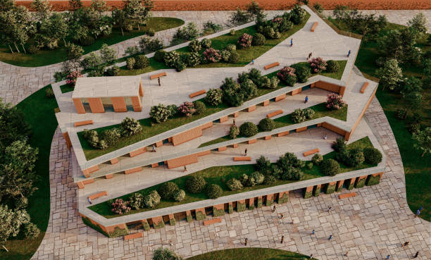 Digitally generated image 3D render of a high angle view of a modern design green building roof