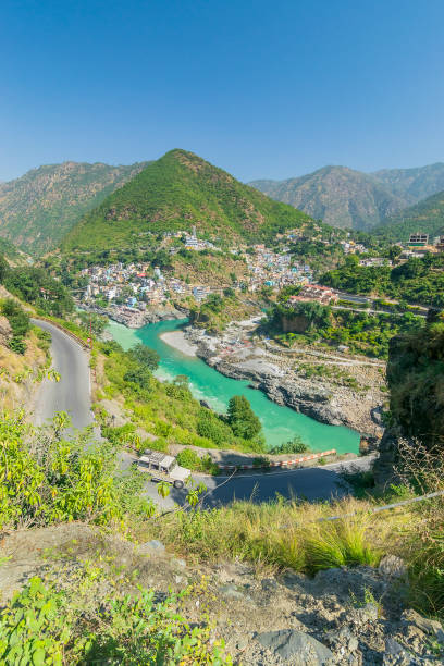 Devprayag, Godly Confluence,Garhwal,Uttarakhand, India. Here Alaknanda meets the Bhagirathi river and both rivers thereafter flow on as the Holy Ganges river or Ganga. Sacred place for Hindu devotees.
