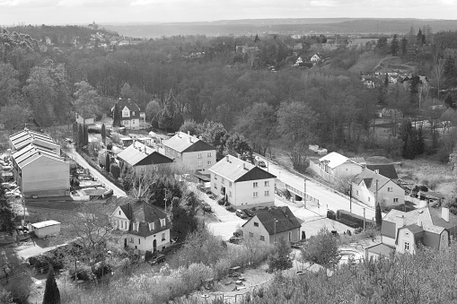 Zelizy, Czechia - February 26, 2023: village from Certovy hlavy viewpoint in region of Kokorinsko